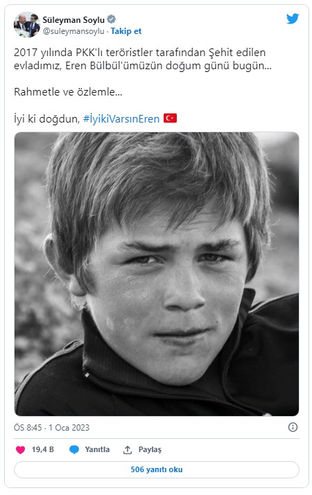 İçişleri Bakanı Soylu'dan Eren Bülbül paylaşımı: İyi ki doğdun, iyi ki varsın Eren